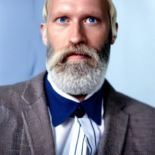 Prompt: color 35mm film still of a balding, middle aged blond man with a full blond beard and dark blue eyes, figure portrait