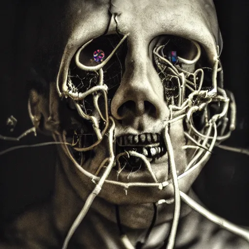 Prompt: a dark occult cyberpunk ritual of wires broken skulls skin and decay, moody, hyperrealism, 8 k photo, atmospheric