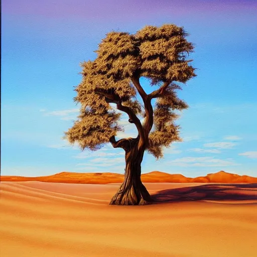 Prompt: a painting of a tree in the desert, a striking airbrush painting by breyten breytenbach, detailed sand pattern, cgsociety, neo - primitivism, airbrush art, dystopian art, apocalypse landscape