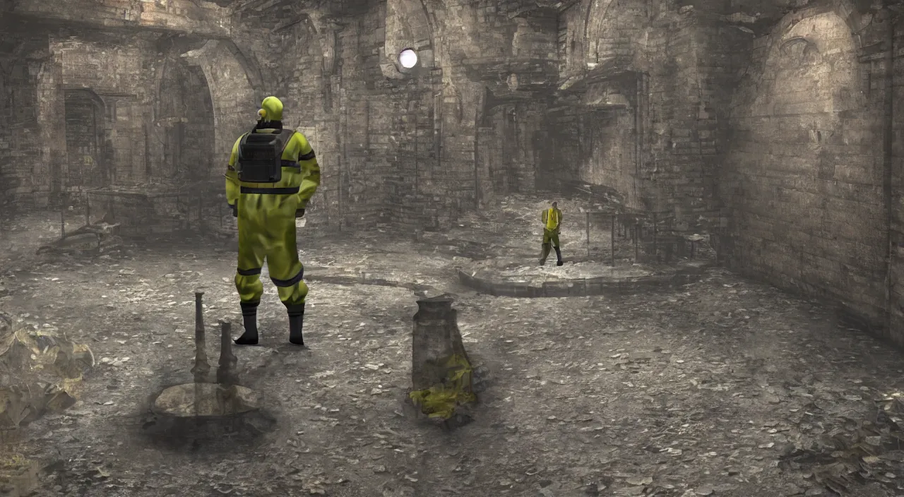 Prompt: a single man in hi viz hazmat suit wanders around a crumbling victorian london sewer, stunning render, high octane, 3 d, cinematic lighting