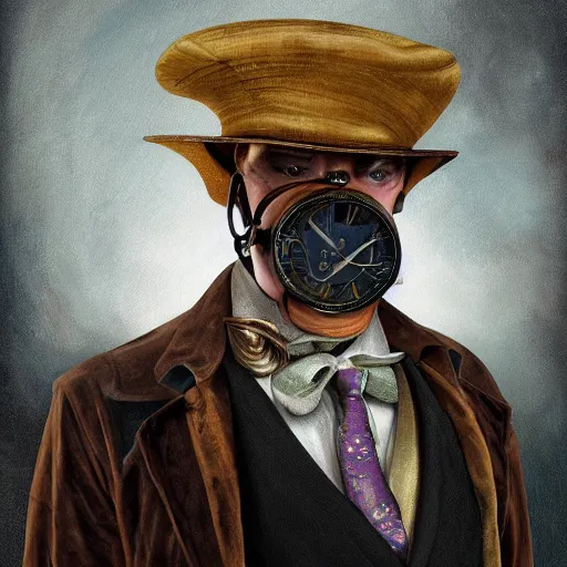 Prompt: gentleman frogman wearing a cravat and hand watches portrait in the museum, highly detailed, sharp focus, digital painting, artwork by Victor Adame Minguez + Yuumei + Tom Lovell + Sandro Botticelli