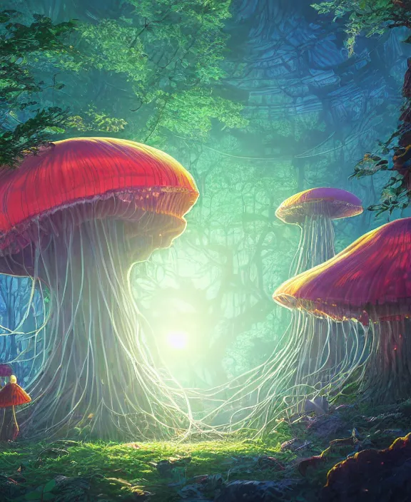 Image similar to an enormous schoolhouse made from jellyfish, overgrown with huge colorful exotic fungus, deep in the woods, noon, sun drenched, partly cloudy, by dan mumford, yusuke murata, makoto shinkai, ross tran, cinematic, unreal engine, cel shaded, featured on artstation, pixiv