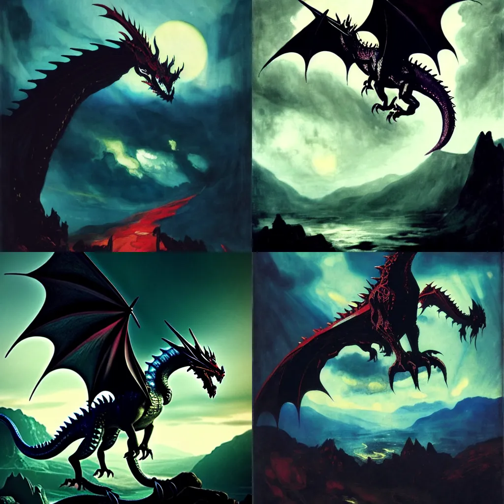 Prompt: A majestic gothic dragon, by Matthias Grunewald, by Emil Nolde, by Greg Rutkowski, masterpiece, oil on canvas, trending on artstation, top on pixiv, cinematic composition, dramatic scene, beautiful lighting, aesthetic!, planetary landscape, concept art, sharp, high details, hyper-detailed, astrophotography, no frames, 8K