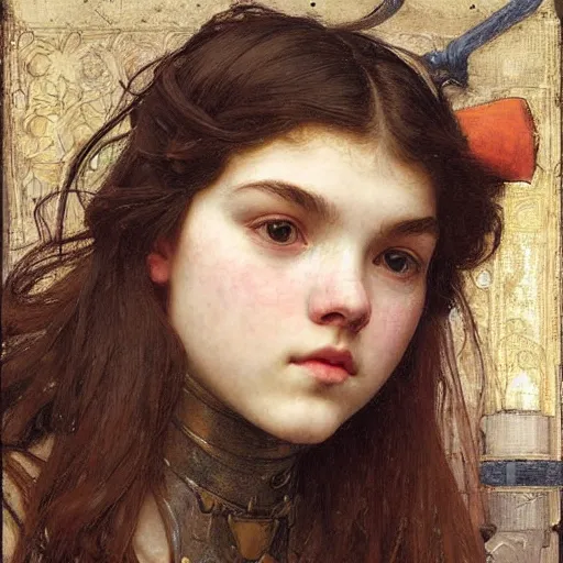 Prompt: a realistic face portrait of a teenage girl who looks like Uma Thurmond and Anya Taylor Joy with an anxious expression and parted lips, wearing mechanical robotic battle armor, by John William Waterhouse, Frederic Leighton, Alphonse Mucha, Edward Burne Jones