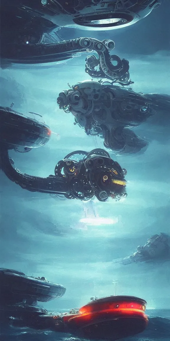 Image similar to robotic mechanical octopus shaped spaceship crashing into the sea, scifi concept art, by john harris, by simon stalenhag, stunning, award winning