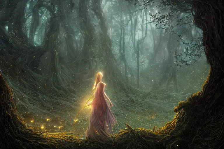 Image similar to detailed intricate digital illustration by greg rutkowski and david friedrich and ruan jia and fenghua zhong and steven belledi ; portrait of fairy girl standing in gothic fantasy valley and forest faerie fey unseelie in background ; 1 3 mm film, arri alfa anamorphic lens ; sharp focus, eventide, fireflies ; trending on artstation 8 k