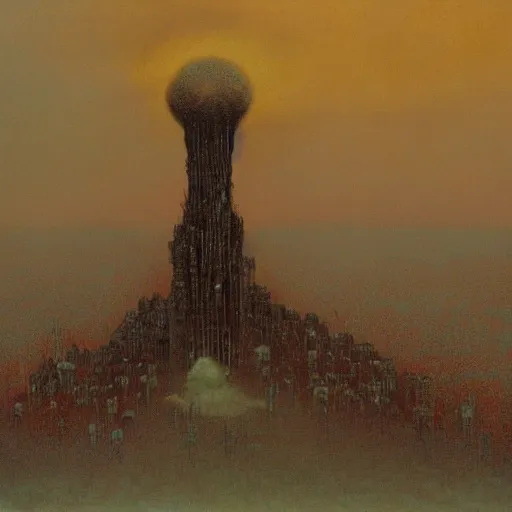 Prompt: a city being destroyed, annihilated, by a nuclear explosion that looks like a rising sun, painted by zdzislaw beksinski, melancholy