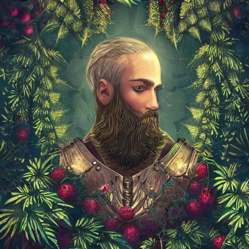 Image similar to a male knight with beard, stern face, clear eyes, shining armour made of steel, and fractal hair, fighting the darkness in a fractal garden, glowing delicate flower, berries and ferns that grow in a dark flowering fantasy forest, full frame,