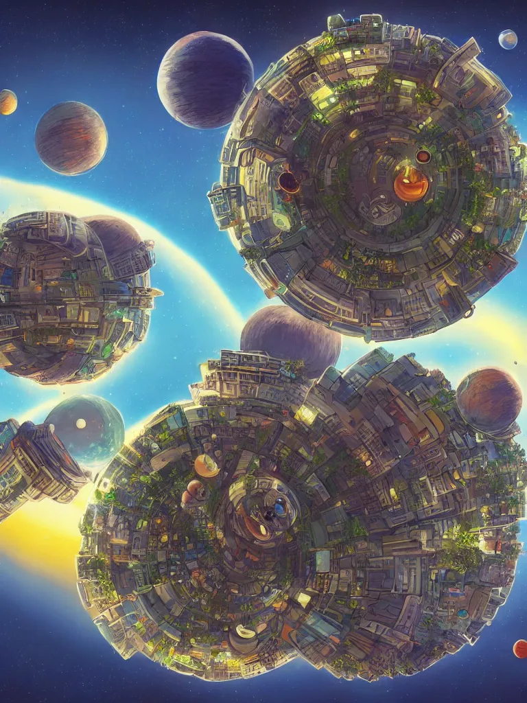 Image similar to detailed concept art of a fantastic space city on a tiny planet with multiple little moons and maybe some cute satellites against a breathtaking sky, by dr seuss and bob ross