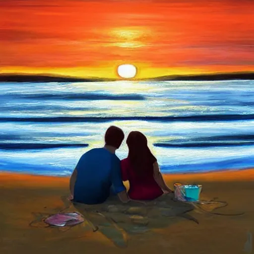 Image similar to Sunset at the beach, golden hour, majestic painting, couple sitting facing the sunset, holding hands