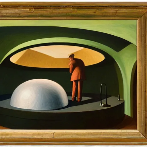 Image similar to giant spherical eye being lowered through the roof of a dome - shaped control center, grant wood, pj crook, edward hopper, oil on canvas