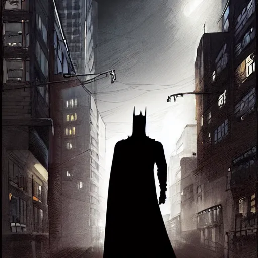 Prompt: Thomas Jane, an illustration of Bruce Wayne walking in the streets of Gotham City with a silhouette of Batman lurking in his shadows, art by Ilya Kuvshinov, highly detailed, comics, epic landscape, HD digital art, artstation