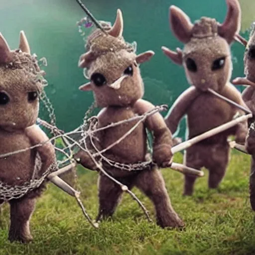 Image similar to a band of little horned creatures with weapons and nets and traps looking menacingly