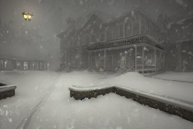 Image similar to The Shining Overlook Hotel, entrance, snow storm, scary, shattered windows, trending on artstation, realistic, cinematic composition, hyper realistic, highly detailed