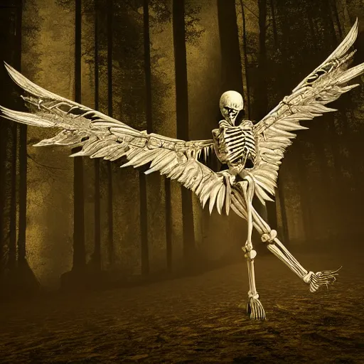 Image similar to skeleton of a mysterious fantasy winged creature in a forest at night, 4 k, photorealistic