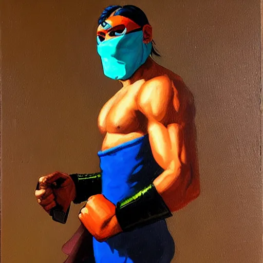 Prompt: an oil painting of Vega from street fighter wearing his mask in the style of Frederic Remington