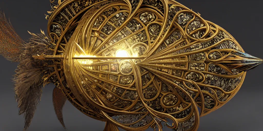 Prompt: beautiful physical hyper detailed render of a huge mega moon bow weapon, symmetric, the style of louis comfort tiffany, pascal blanche, zigor samaniego, paul pepera, ellen jewett, weapon design, perfect shadow, mechanics, feather, wing, exquisite, crystal, structure, c 4 d, 3 d render, unreal engines, atmospheric lighting, 4 k hd