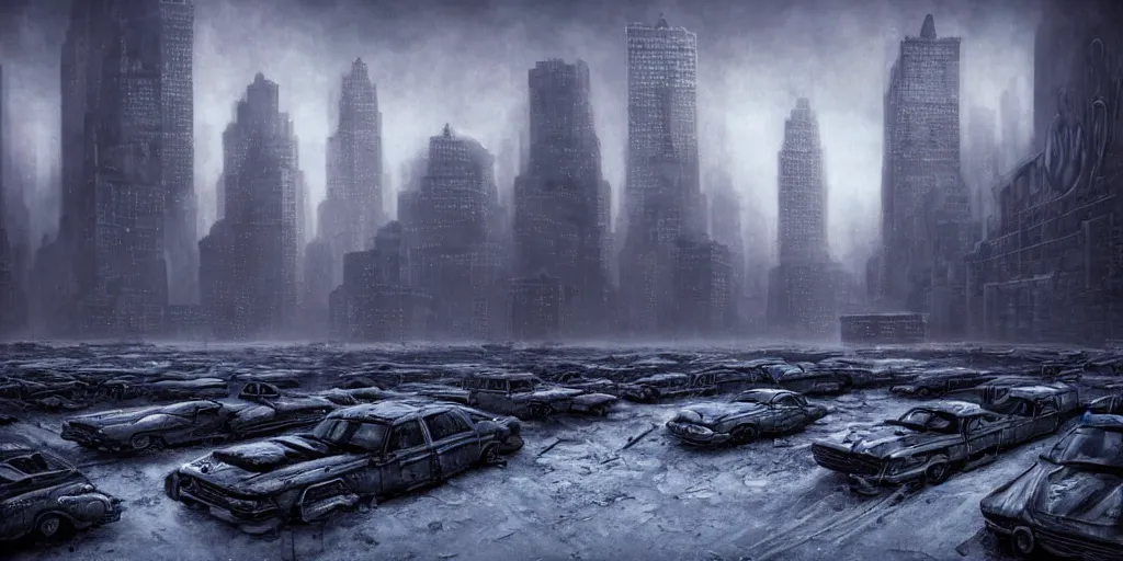 Prompt: nuclear winter, new york city, near future, decay, fantasy, sci - fi, hyper realistic, serene.