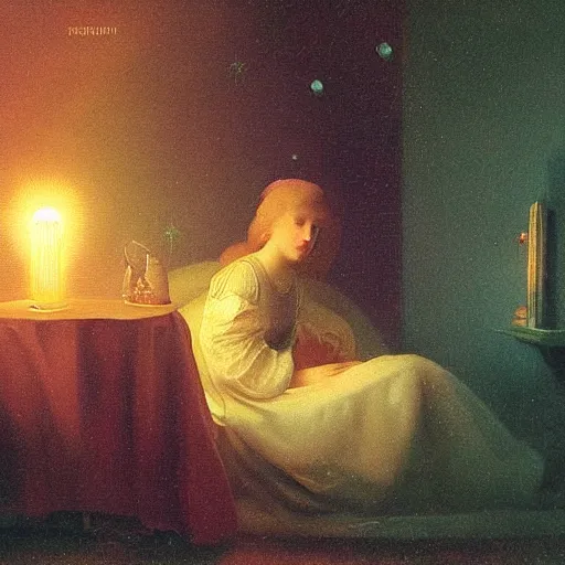 Prompt: Dreaming of outerspace, by Petrus van Schendel, lofi colors