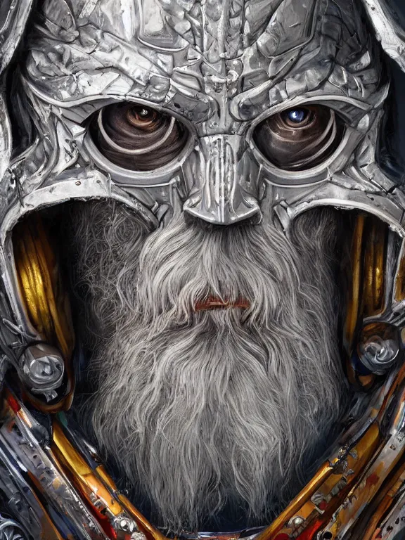 Image similar to portrait art of 8k ultra realistic undead Gandalf, intricate high tech helmet , detailed intricate ornate space suit,decaying, cybernetic, full of colour, cinematic lighting, battered, trending on artstation, 4k, hyperrealistic, focused, extreme details,unreal engine 5, cinematic, masterpiece, art by ayami kojima, giger