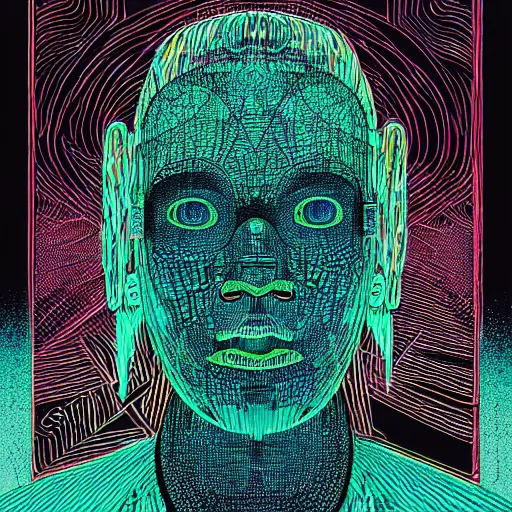 Image similar to 2 d neon teal circuit board background fused with an unknown deity with shards of light emitting outwards, black fine lines on teal, stanley donwood, victo ngai