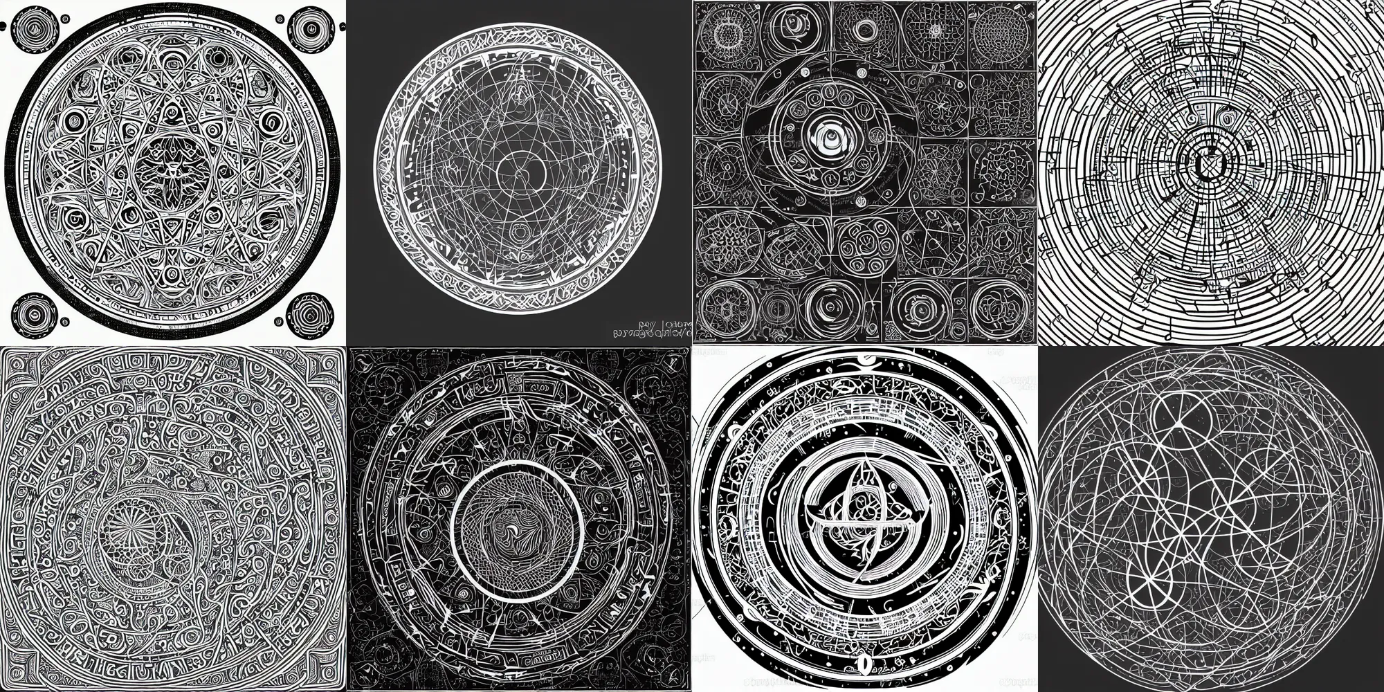 Prompt: magic circle, an intricate diagram of arcane symbolism, vector art, mystical, trending on polycount, white on black background, rotational symmetry, radial symmetry