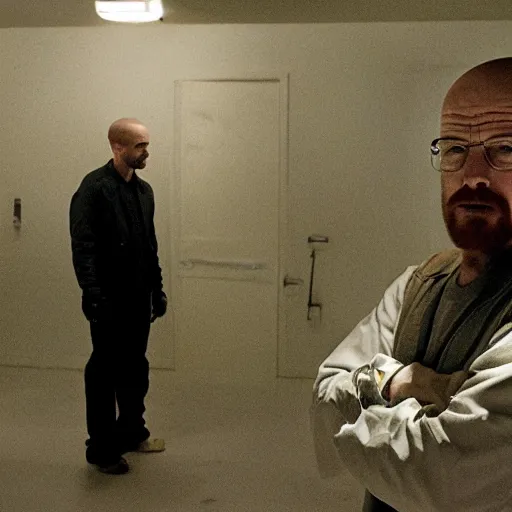 Image similar to walter white exploring the liminal spaces with jesse pinkman, scary style