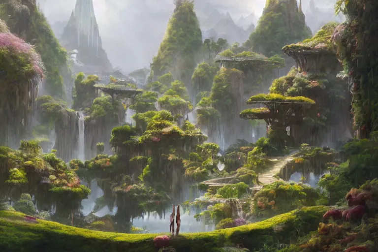 Image similar to Brutalist Solarpunk Shiro in Eden amazing concept painting, by Jessica Rossier , Gleaming White, fey magical lighting, overlooking a valley, Himeji Rivendell Garden of Eden, topiary, manicured gardens, terraced orchards and ponds, lush fertile fecund, fruit trees, by Brian Froud by Beksinski