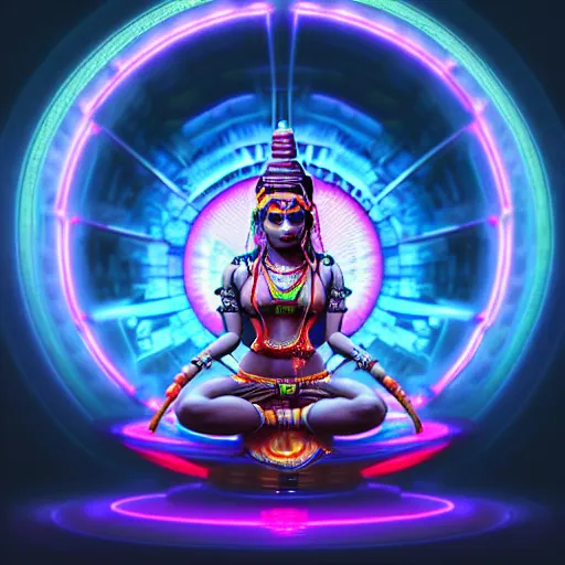 Image similar to Futuristic Cyberpunk laxmi Indian Goddess with Four Hands wearing a spacesuit sitting on a Lotus, sci-fi, neon colors, neon lights, fantasy, intricate, beautiful, elegant, attractive, highly detailed, digital painting, artstation, masterpiece, concept art, smooth, sharp focus, unreal engine 5, WLOP, Octane render, Symmetric, art by artgerm, hajime sorayama, William-Adolphe Bouguereau