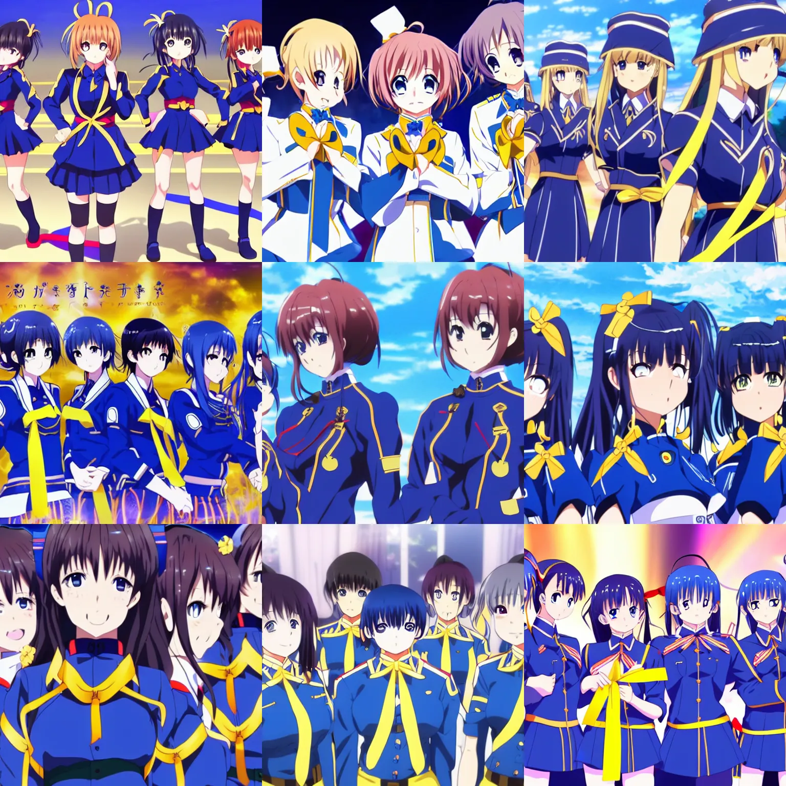 Prompt: a group of anime girls wearing blue uniforms with golden ribbons, key visual, high quality