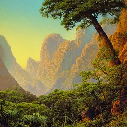 Image similar to painting of a lush natural scene on an alien planet by bruce pennington. beautiful landscape. weird vegetation. cliffs and water.