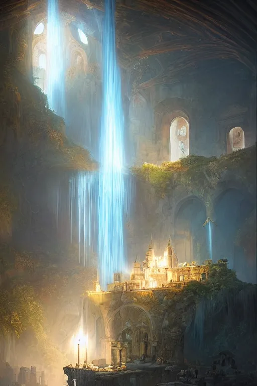 Image similar to Detailed Interior of Monastery Ruins, Waterfall walls, light of god, light shafts, candles, stunning atmosphere, in Style of Peter Mohrbacher, cinematic lighting