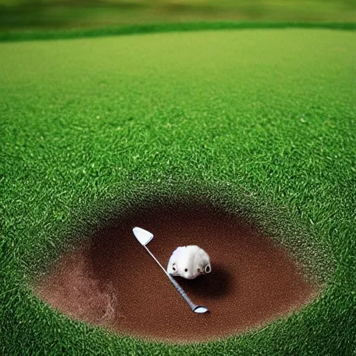 Image similar to “ hamster coming out of a golf hole, golf flag, golf terrain ”