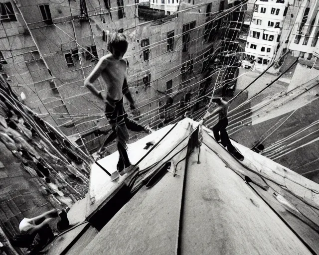 Image similar to lomo photo of roofjumpers climbing on roof of soviet hrushevka, small town, cinestill, bokeh, out of focus