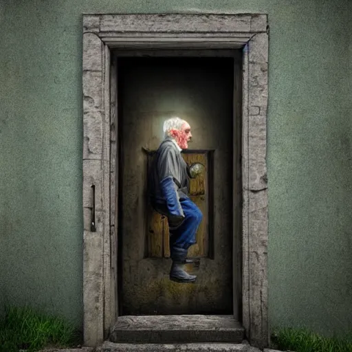 Prompt: old man greeting a visitor at an old magical door, digital art, 4 k, fantasy