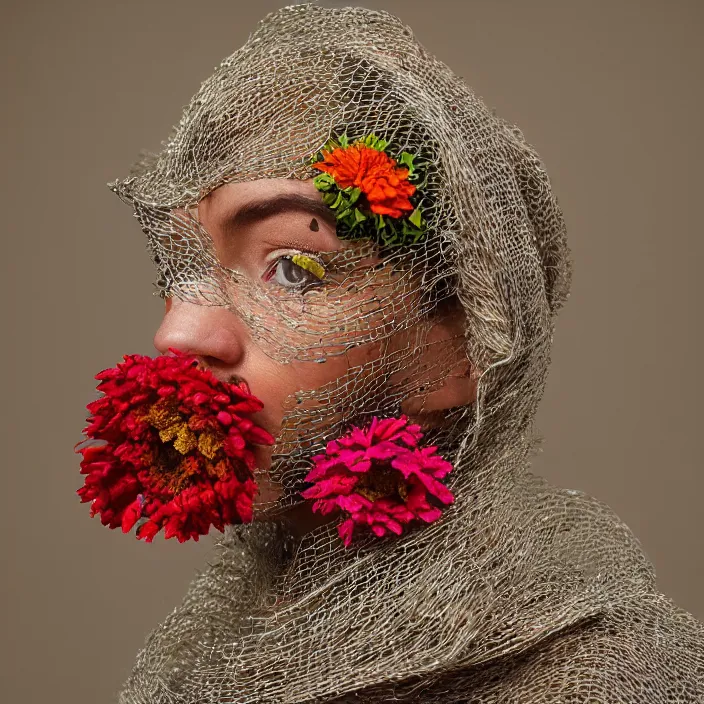 Prompt: a closeup portrait of a woman wearing a hood made of wire and zinnias, in an abandoned office building, by jan van eyck, canon eos c 3 0 0, ƒ 1. 8, 3 5 mm, 8 k, medium - format print