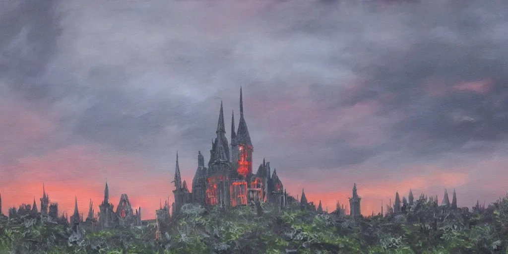 Image similar to a beautiful and gothic castle in the distance. Red sky. Dark ambient. Gothicpunk. Detailed oil on canvas. Art in style of Frances Ann Hopkins. High definition