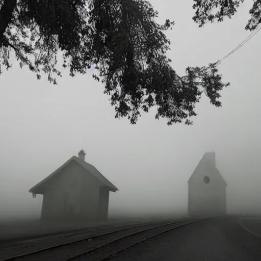 Prompt: creepy town covered in heavy fog with monsters in the distance