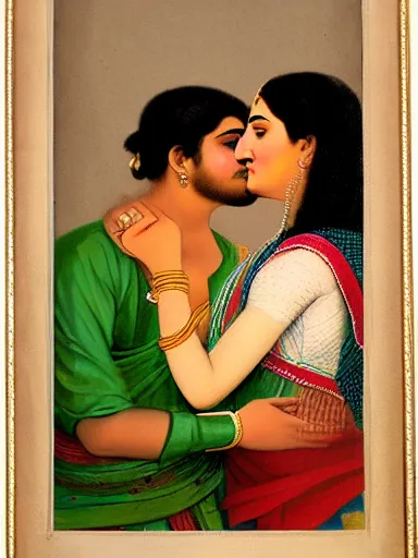 Image similar to water color painting, artwork by raja ravi varma, of a solo individual portrait of a guy and a girl kissing, dapper, simple illustration, nostalgic, in love, full of details