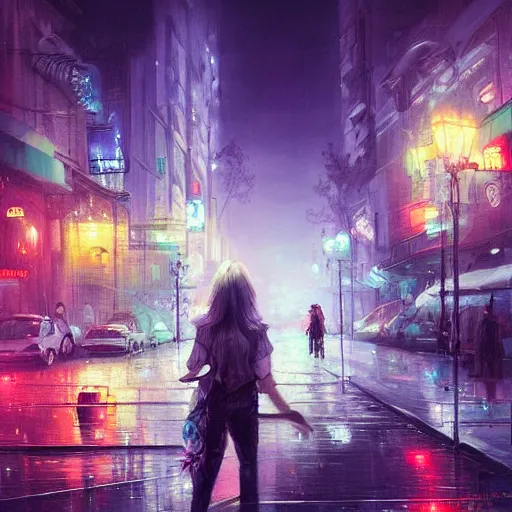 Image similar to a beautiful paiting of Night Life of downtown street by Ross Tran, dark ambient, beautiful, UHD, hyperrealism, Surreal and Fantasy Art, absurdist