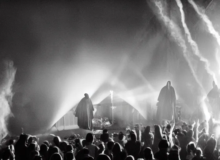 Image similar to a high resolution photograph of sunn o ) ) ) playing live at the vatican with monk robes, smoke machines, huge walls of amplifiers