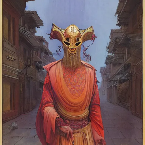 Image similar to portrait of masked Byzantine Tang Dynasty dancer on the art deco streets of the Undying Empire city of ya-Sattra during the Festival of Masks, award-winning realistic sci-fi concept art by Beksinski, Bruegel, Greg Rutkowski, Alphonse Mucha, and Yoshitaka Amano