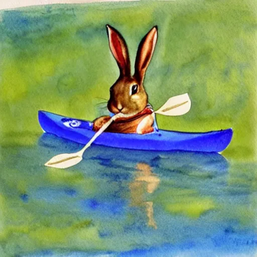 Image similar to A rabbit paddling a kayak down a calm river, watercolour realism