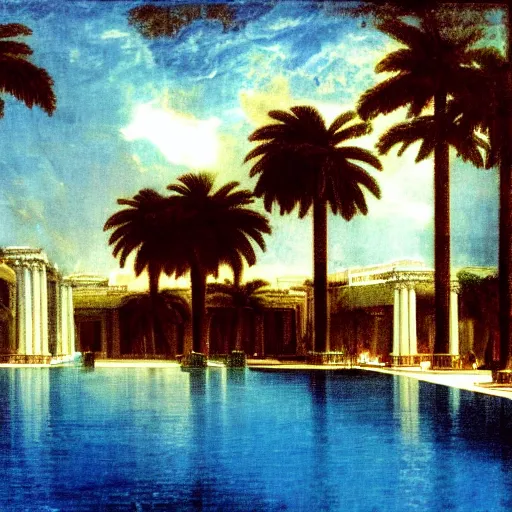 Prompt: The biggest palace ever made, thunderstorm, greek pool, beach and palm trees on the background major arcana sky, by paul delaroche, magazine photo from 2007, hyperrealistic 8k, very detailed