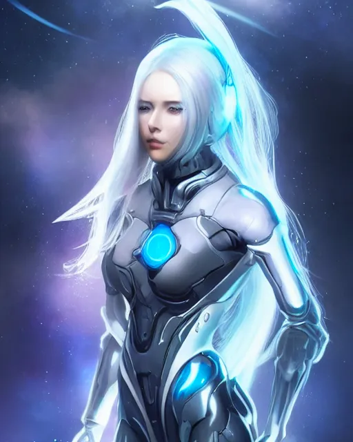 Prompt: perfect android girl on a mothership, warframe armor, beautiful face, scifi, futuristic, galaxy, nebula, raytracing, dreamy, long white hair, blue cyborg eyes, sharp focus, cinematic lighting, highly detailed, artstation, innocent, art by gauthier leblanc, kazuya takahashi, huifeng huang