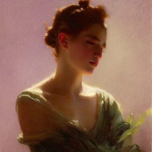 Prompt: a serene french fashion model studio backlit portrait of sombre anime girl, painting by gaston bussiere, craig mullins, j. c. leyendecker