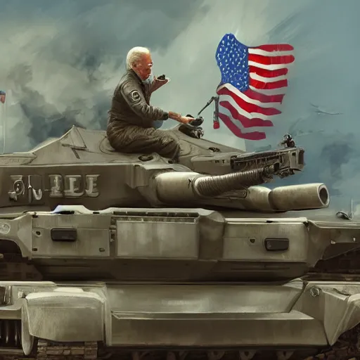 Prompt: joe biden sitting on a tank aiming at the head of vladimir putin, digital art, hyper detailed, artstation, cgsociety