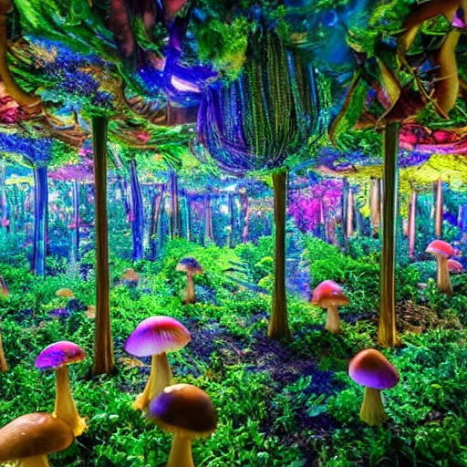 Image similar to hello Mushrooms covering the inside of prismatic jungle, fairy dust in the air