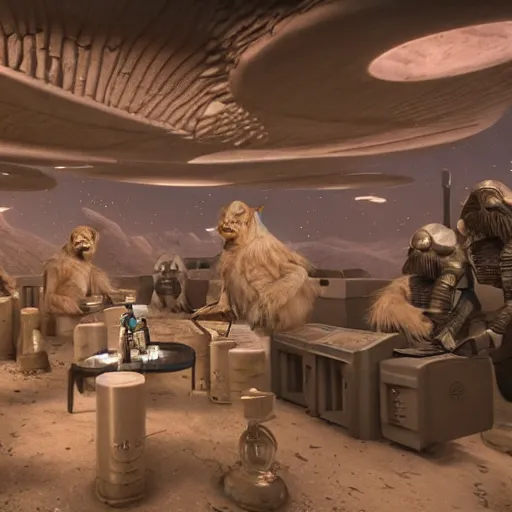 Image similar to tatoni bar aliens star wars the mos eisley cantina 3 dstudiomax, maya 3 d, unrealengine, 4 k, 8 k, hdr, extreme render, mind - bending reality, hyper detailed, ultra - vivid, photo - realistic nikon 3 5 mm, photograph