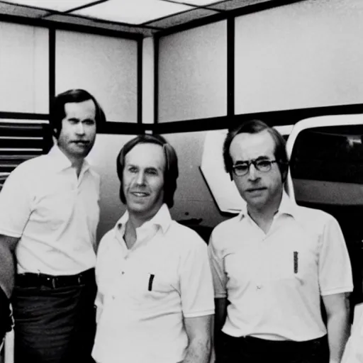 Image similar to photograph of 4 old men wearing white polo shirts and black khaki pants working behind the counter of an enterprise rent - a - car in 1 9 7 5